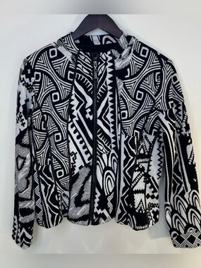 Frank Lyman Design Black White Ikat Faux Leather Knit Blazer Jacket Size 8